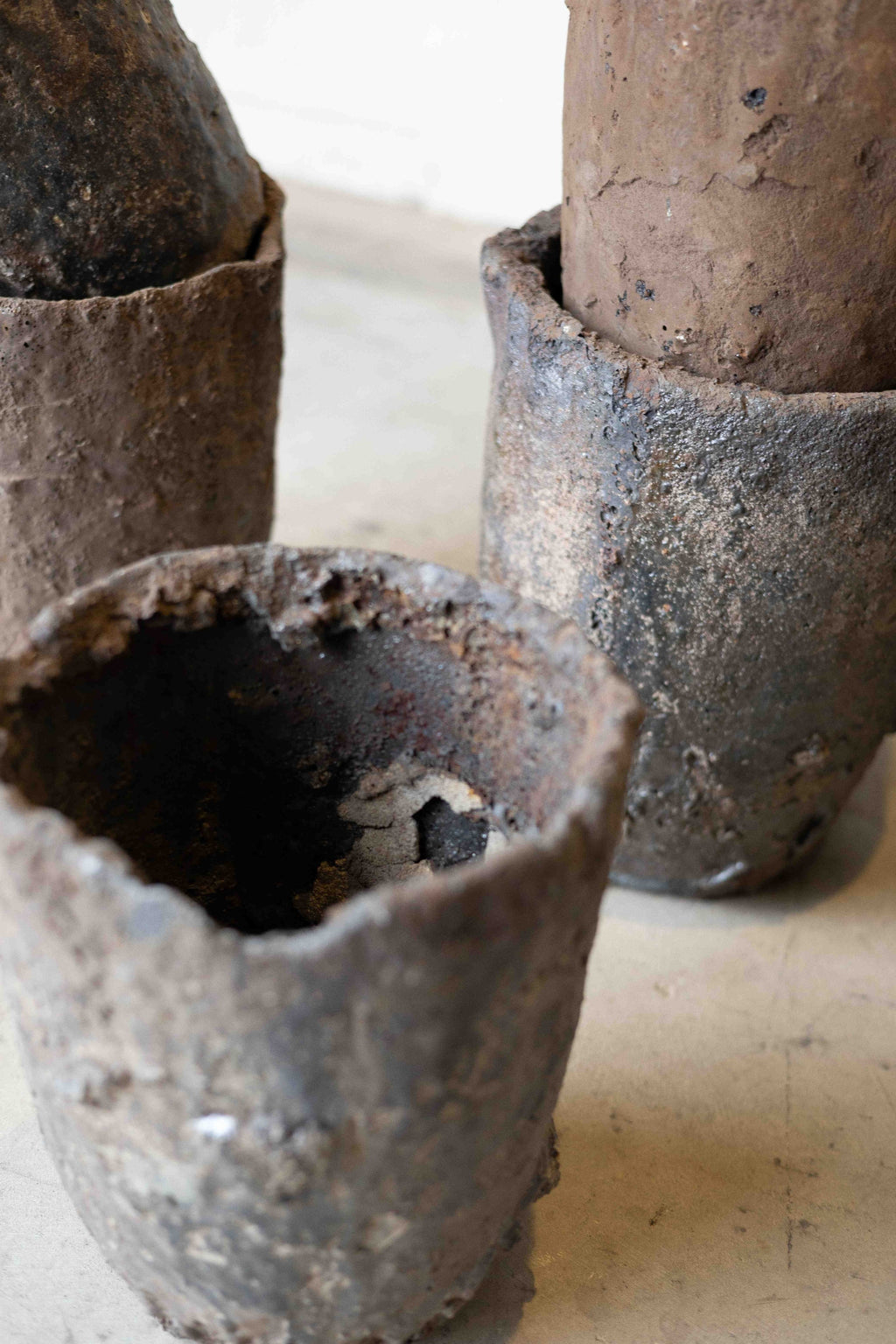 Close up of a group iron French crucibles.