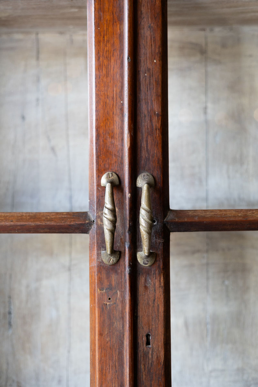 Close-up of a wooden bookcase door with brass handles and glass panes against a textured wall.