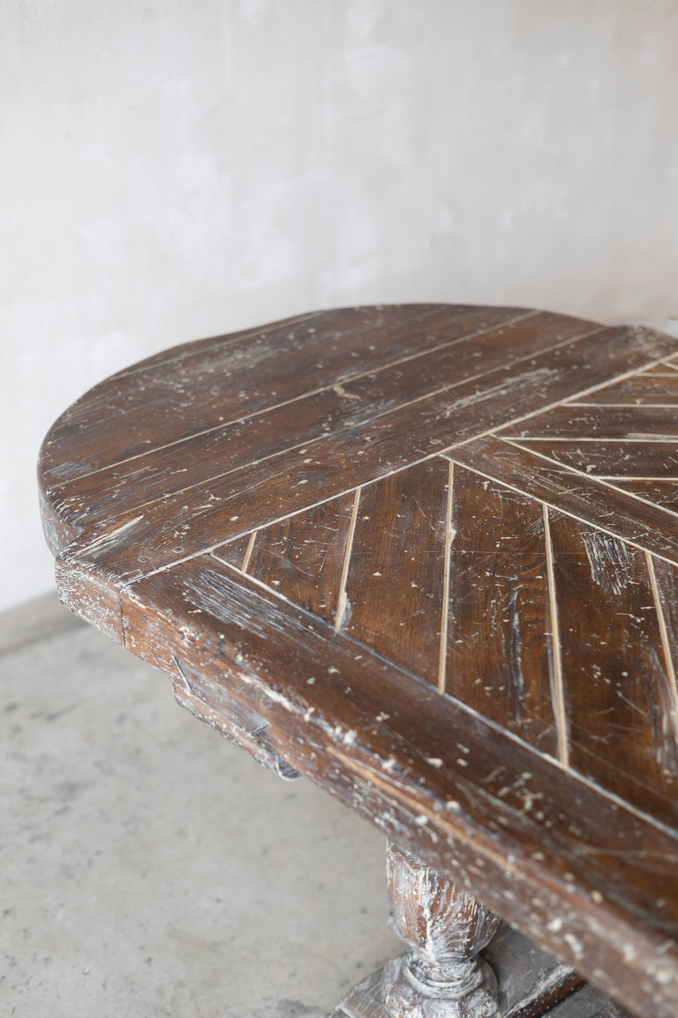 Wooden table with a geometric pattern on a white background