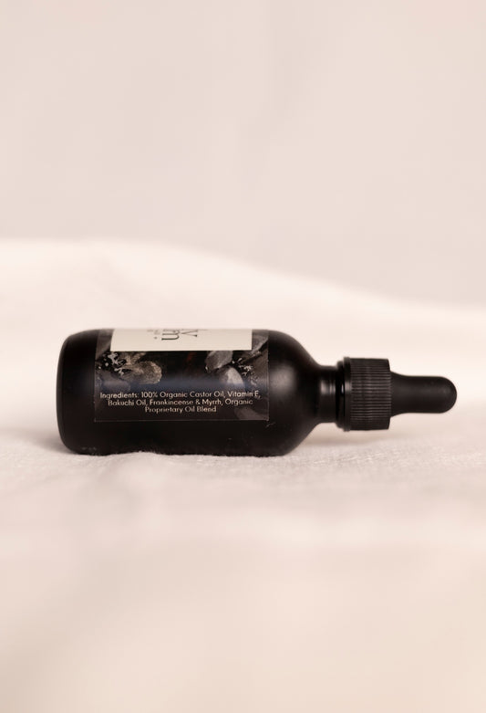 Black bottle of anti-aging body serum with a dropper on a beige background.