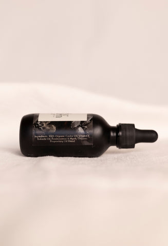 Black bottle of anti-aging body serum with a dropper on a beige background.
