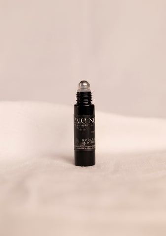 Black rollerball bottle for anti aging eye serum with silver roller ball on a beige background.