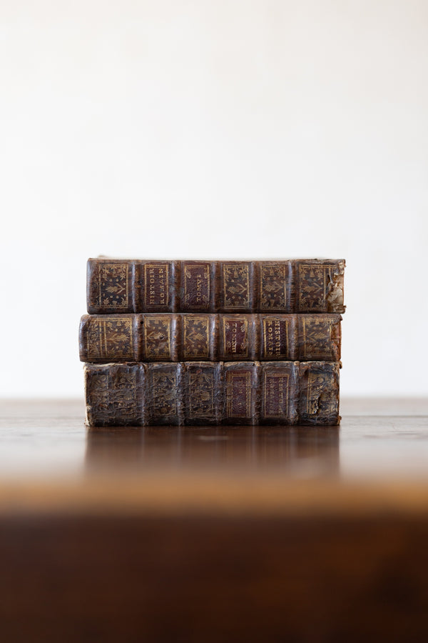 Stack of vintage leather-bound books on a wooden table top with a white background.