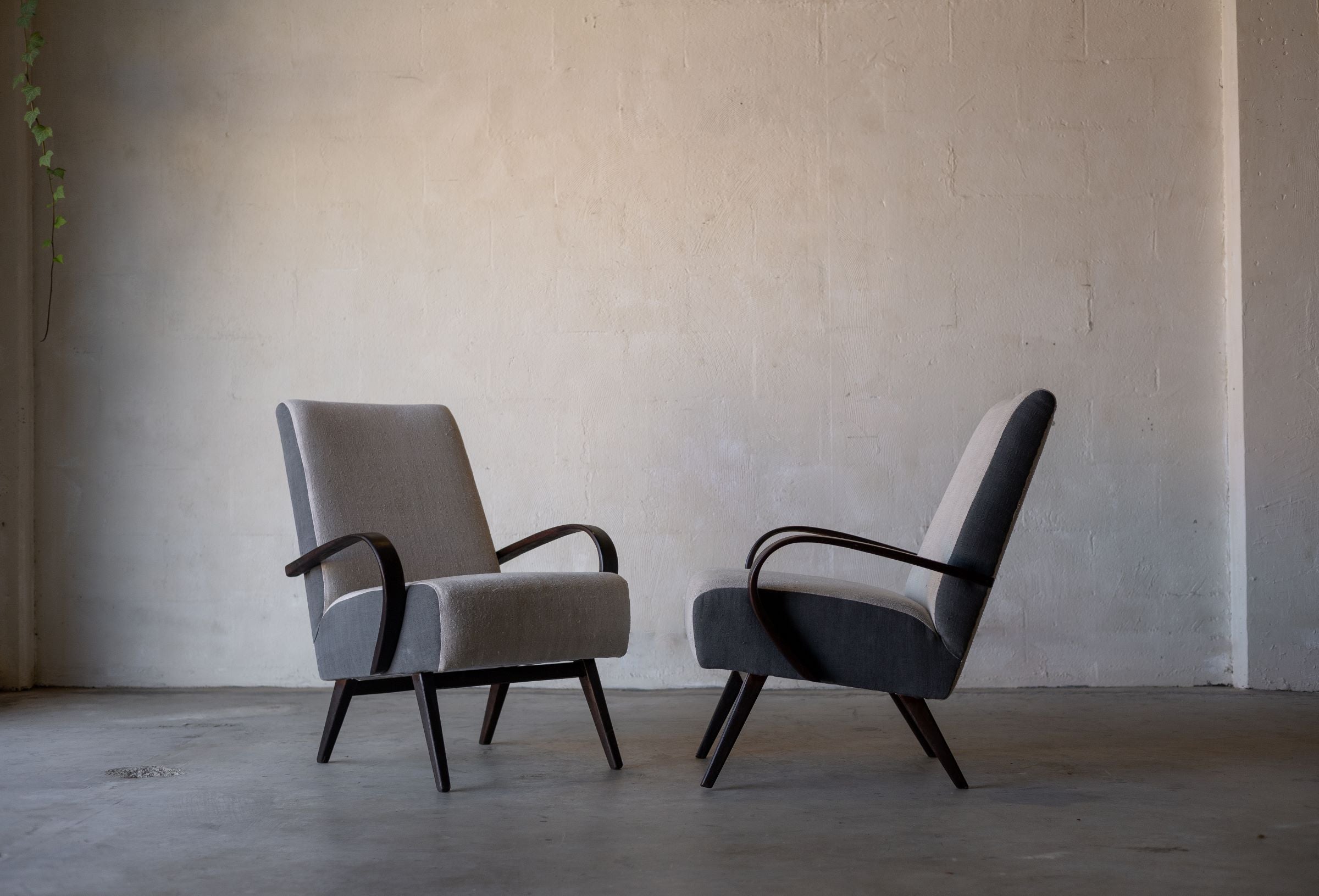 Wide image of contrasting angles of a pair of vintage Halabala lounge chairs facing each other, featuring cream linen reupholstery on backrest and seat, and grey linen on chair's sides.