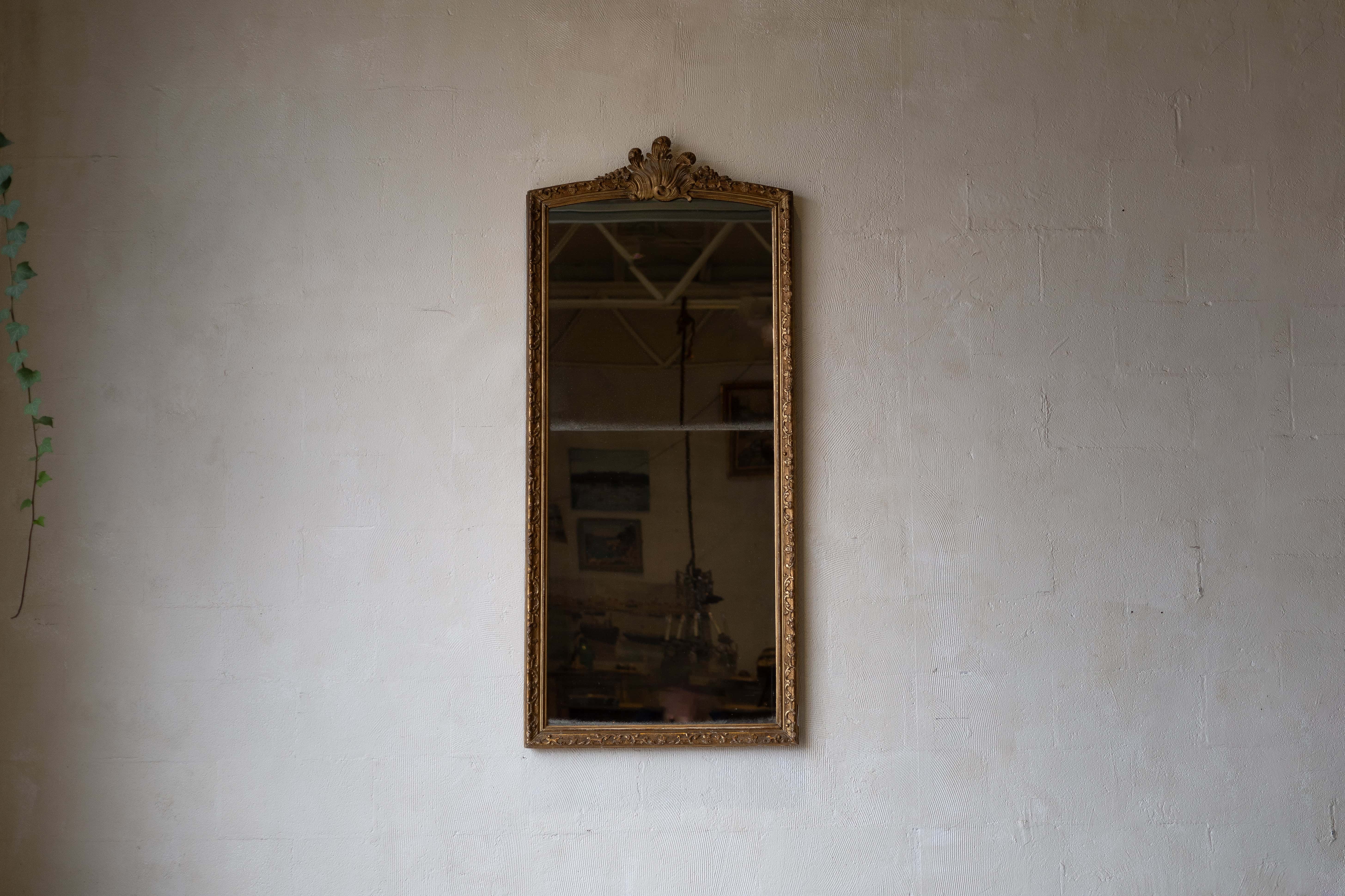 A full-length antique split glass mirror with a baroque gold frame, set against a neutral wall.