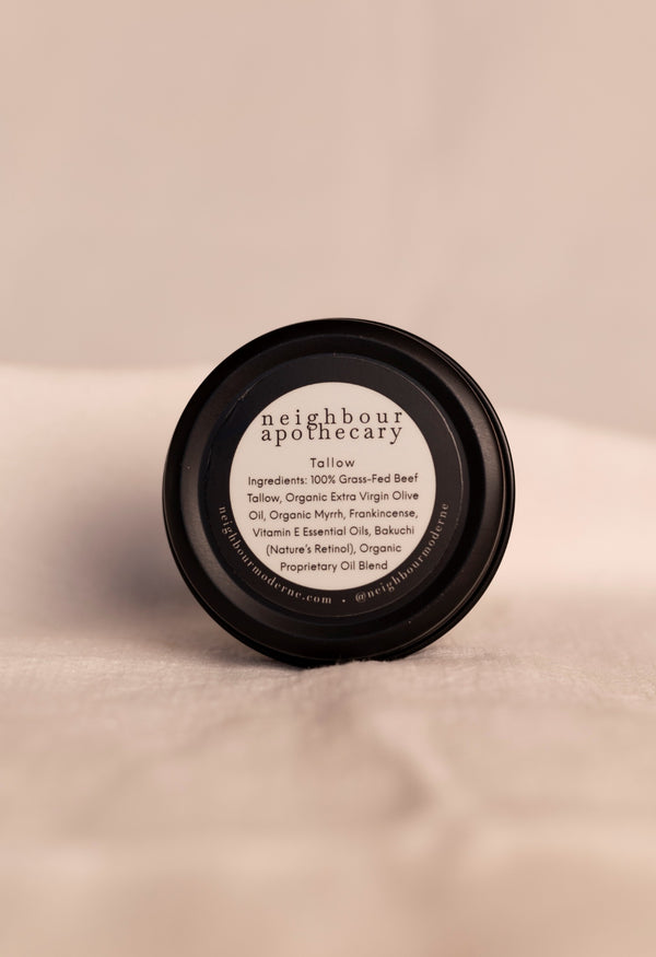Neighbour Apothecary tallow skin creme ingredient list on the bottom of container. 